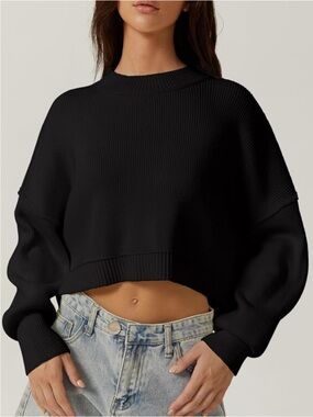 Women's Mock Neck Cropped Sweater Long Sleeve Drop Shouler
